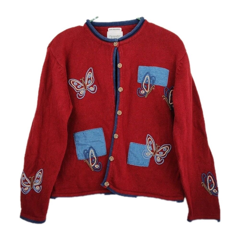 Christopher & Banks Hand Embroidered Cardigan, women's L, dark red, butterflies - Picture 2 of 9